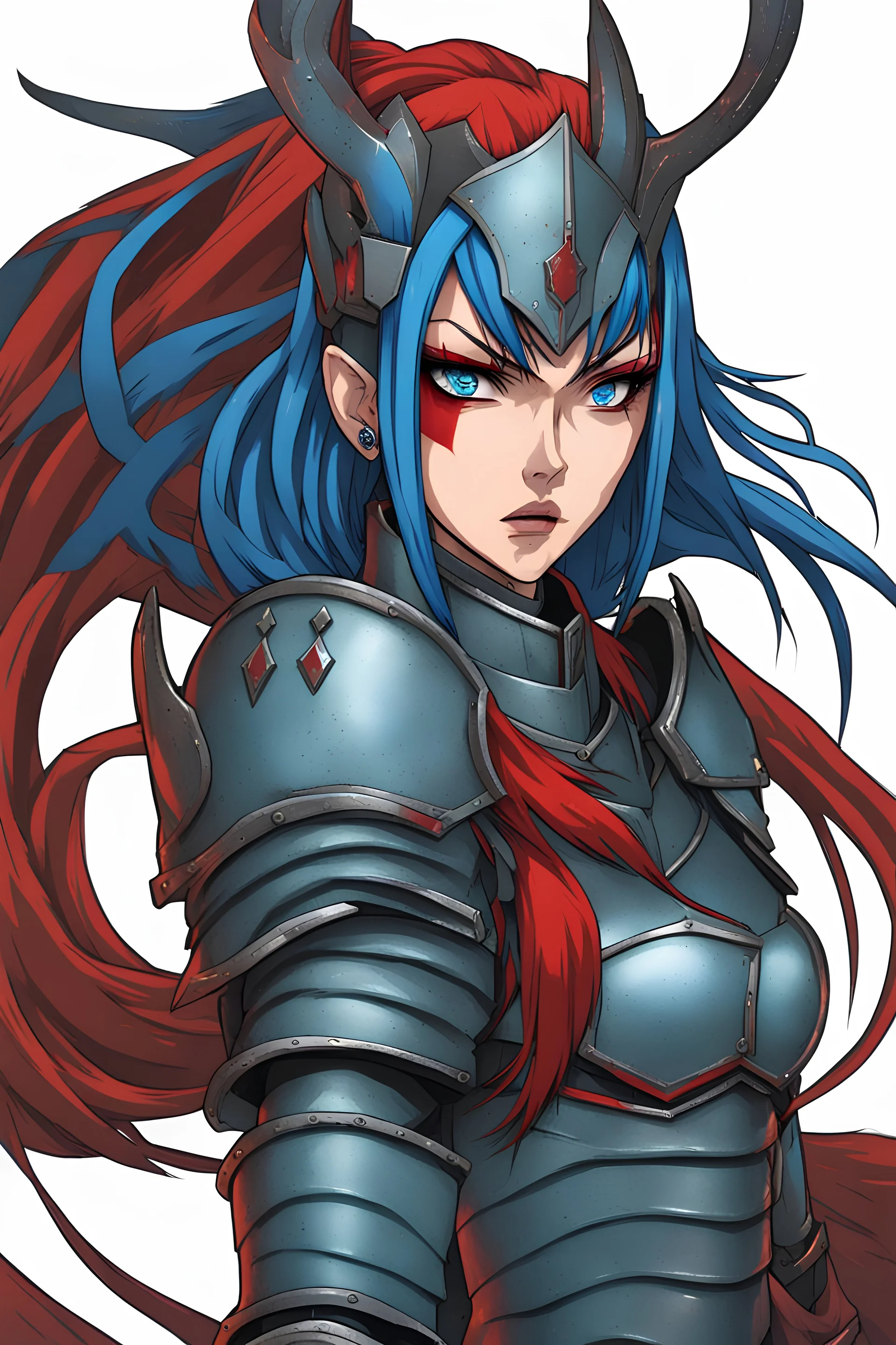 a beautiful woman wearing medieval armor, looking at the camera, angry, blue eyes, blue hair, gray and red armor, anime artstyle, close up on face, blood on his face, longe hair, furious expression, kazuma kaneko art, Hiroya Oku art, shadow, darkness