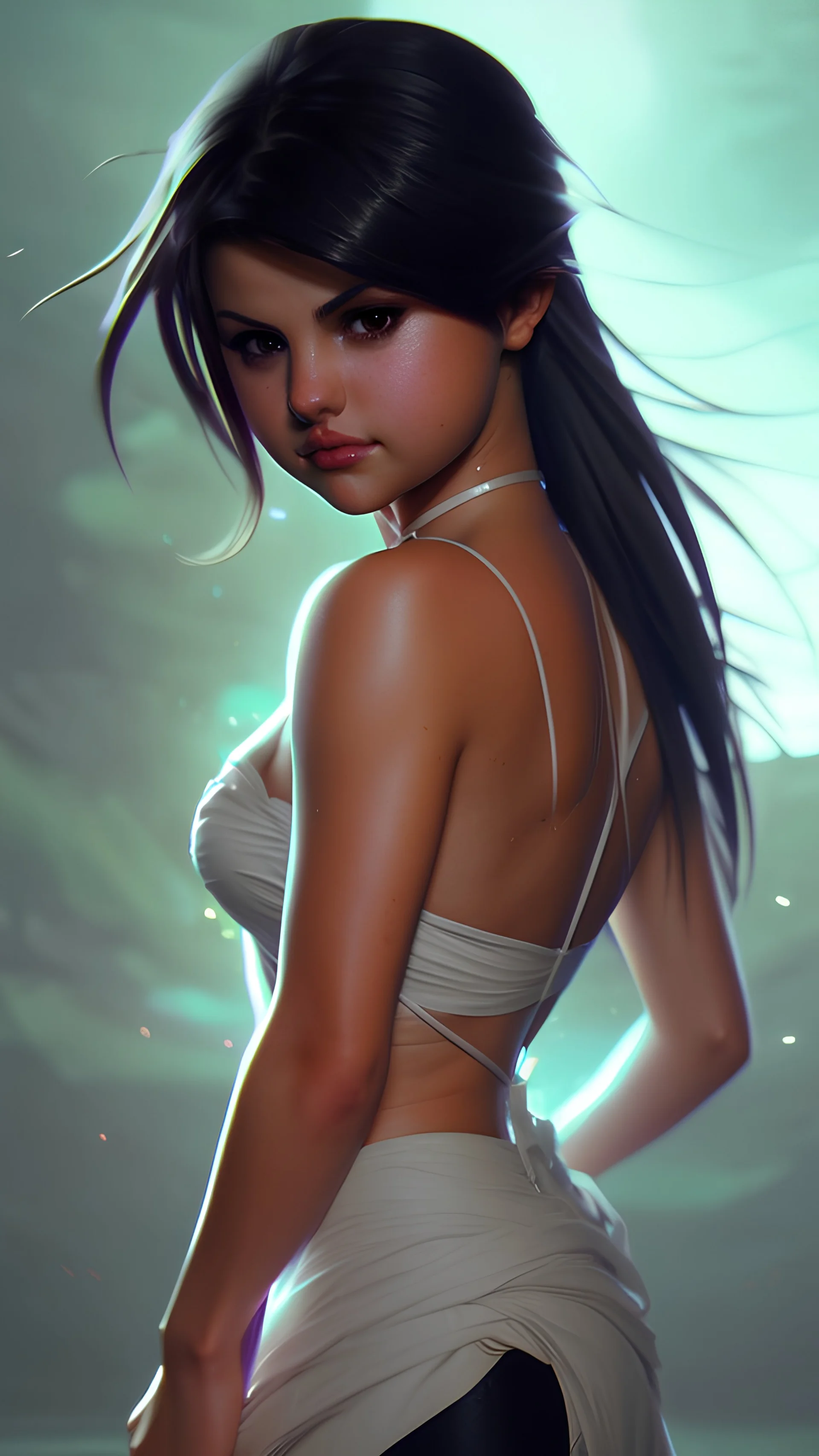 Selena Gomez, 8k resolution concept art portrait by Greg Rutkowski, Artgerm, WLOP, Alphonse Mucha dynamic lighting hyperdetailed intricately detailed Splash art trending on Artstation triadic colors Unreal Engine 5 volumetric lighting, by Hajime Isayama