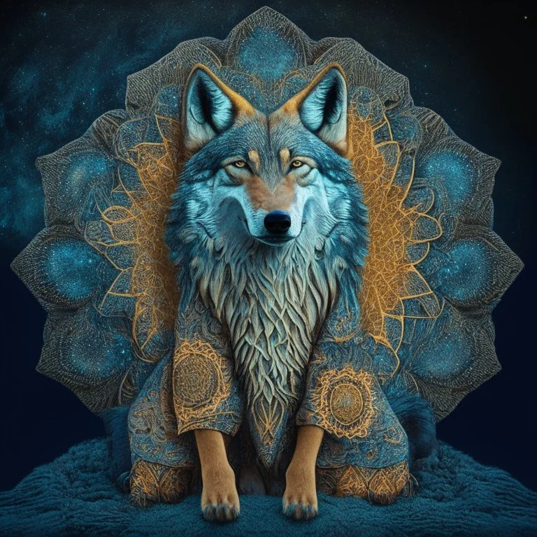 celestial psychedelic wolf made of fractals wearing a mexican jacket sitting on a giant mushroom in between stars, extatic, happy