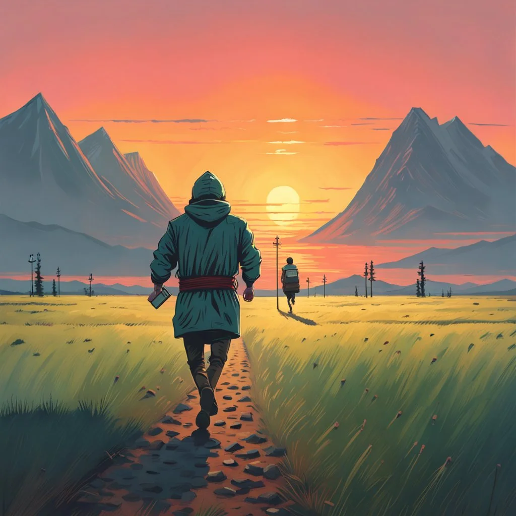 The holy kebab, simon stålenhag style, the kebab man running away with the holy Kebab, on a empty grass field to the sunset, Mountains in the back