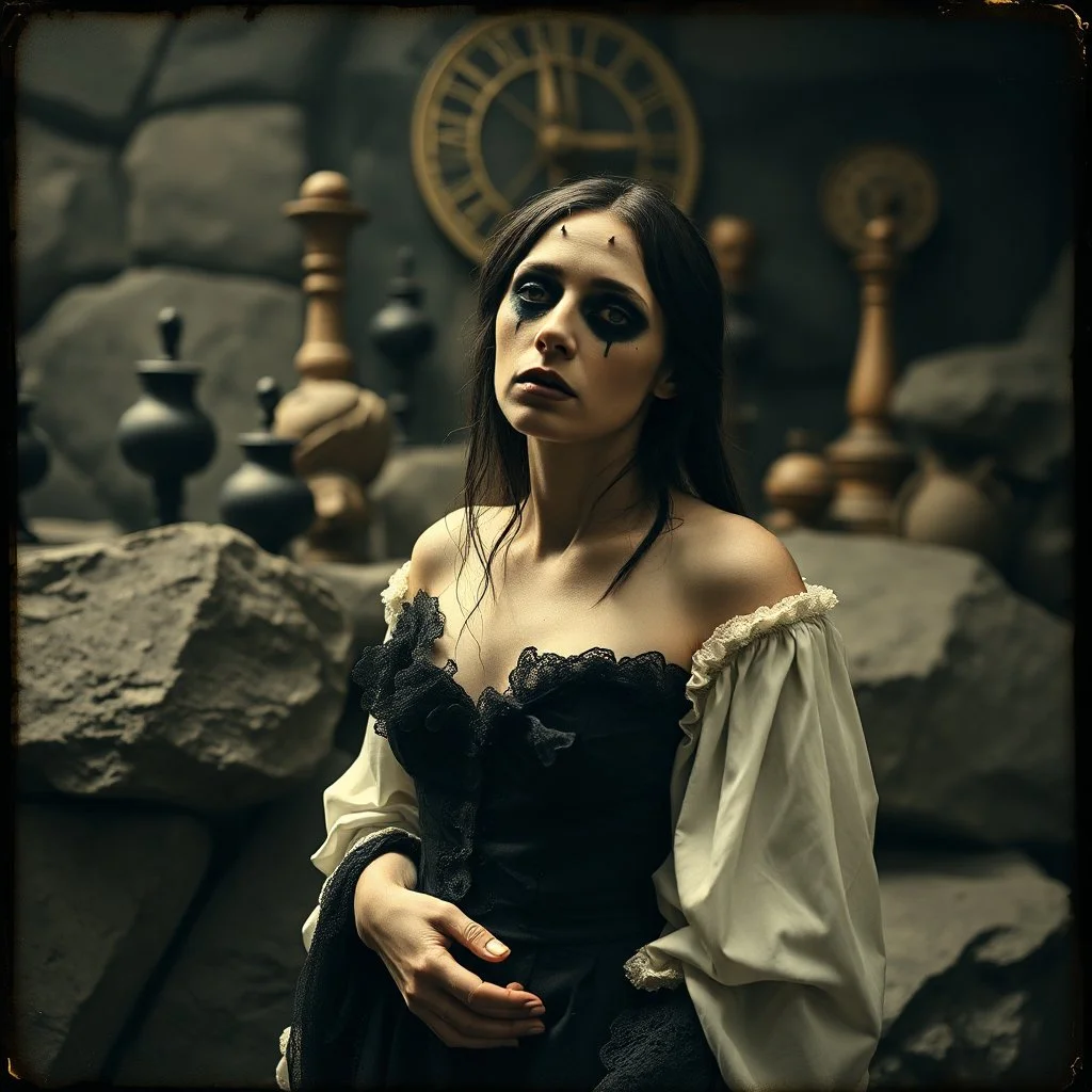 photo, 1920 horror movieshot, rocks, very odd objects in background, Ades, Charon, tenebroso, macabro, marcio, interno museo, fiotti di liquido nero che zampillano, hypermaximalist, strangeness, sundial light, odd, intricate, Lawrence Alma-Tadema style, albero, hypnotic, very accentuated details of the dress and skin, eerily mysterious, artistic photo, shot on Hasselblad, sadness, follia, smoke, daguerrotype