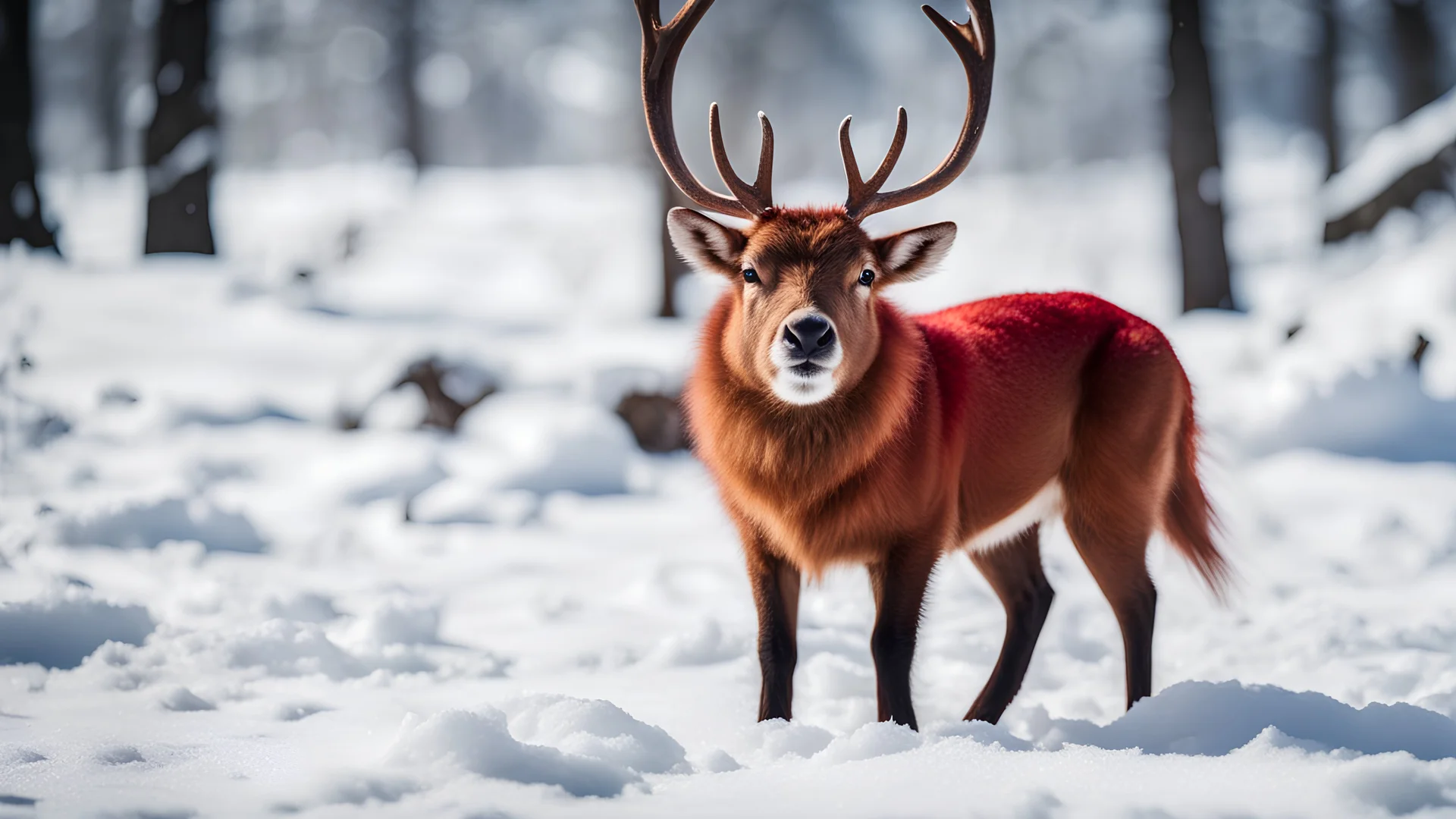 RageStyle dynamic shot of an adorable angry little red reindeer, sitting in the snow high quality, adorable, wearing a red ruby collar