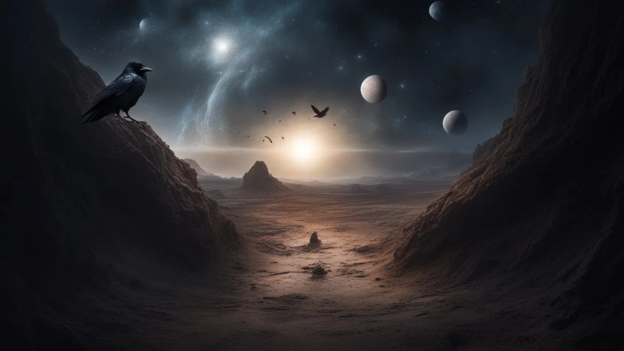 Crow in a space, at the end of the time, very realistic