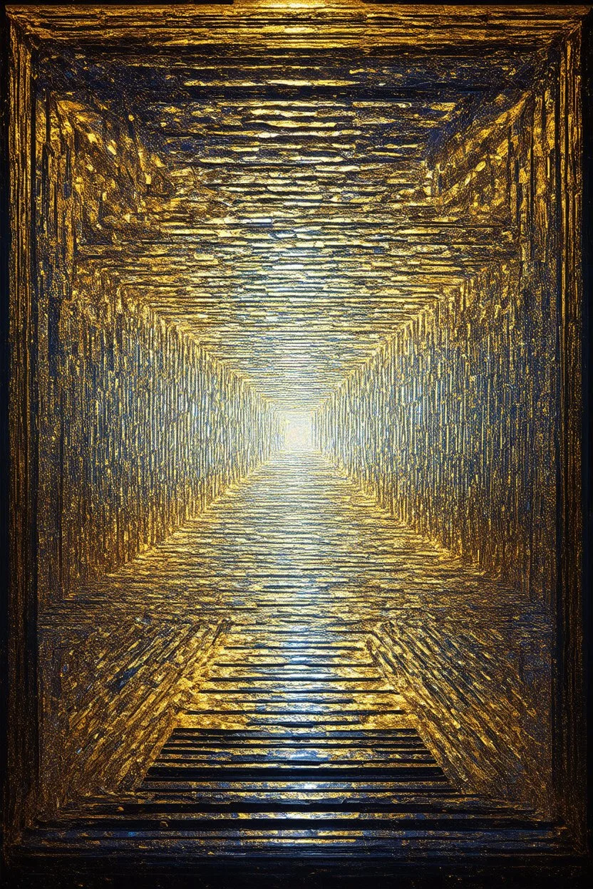 "Cymatics meets ancient architecture" is an artwork showing that at 220Hz, the ripple tank glows with golden light as a crystal lattice forms, a square-shaped pattern with 3D depth, its edges stepping down like a ziggurat; Modern Celestial Symbolic Art with a golden color palette inspired by Gustav Klimt