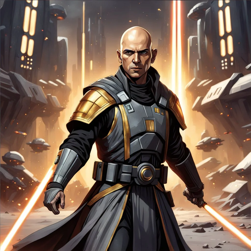 star wars bald male corellian jedi pilot wearing black and gunmetal grey old republic armored robes with gold trim, alone, battle-ready Jedi Master defending a ruined ancient city surrounded by golden light, centered head and shoulders portrait, hyperdetailed, dynamic lighting, hyperdetailed background, 8k resolution, volumetric lighting, light skin, fully symmetric details