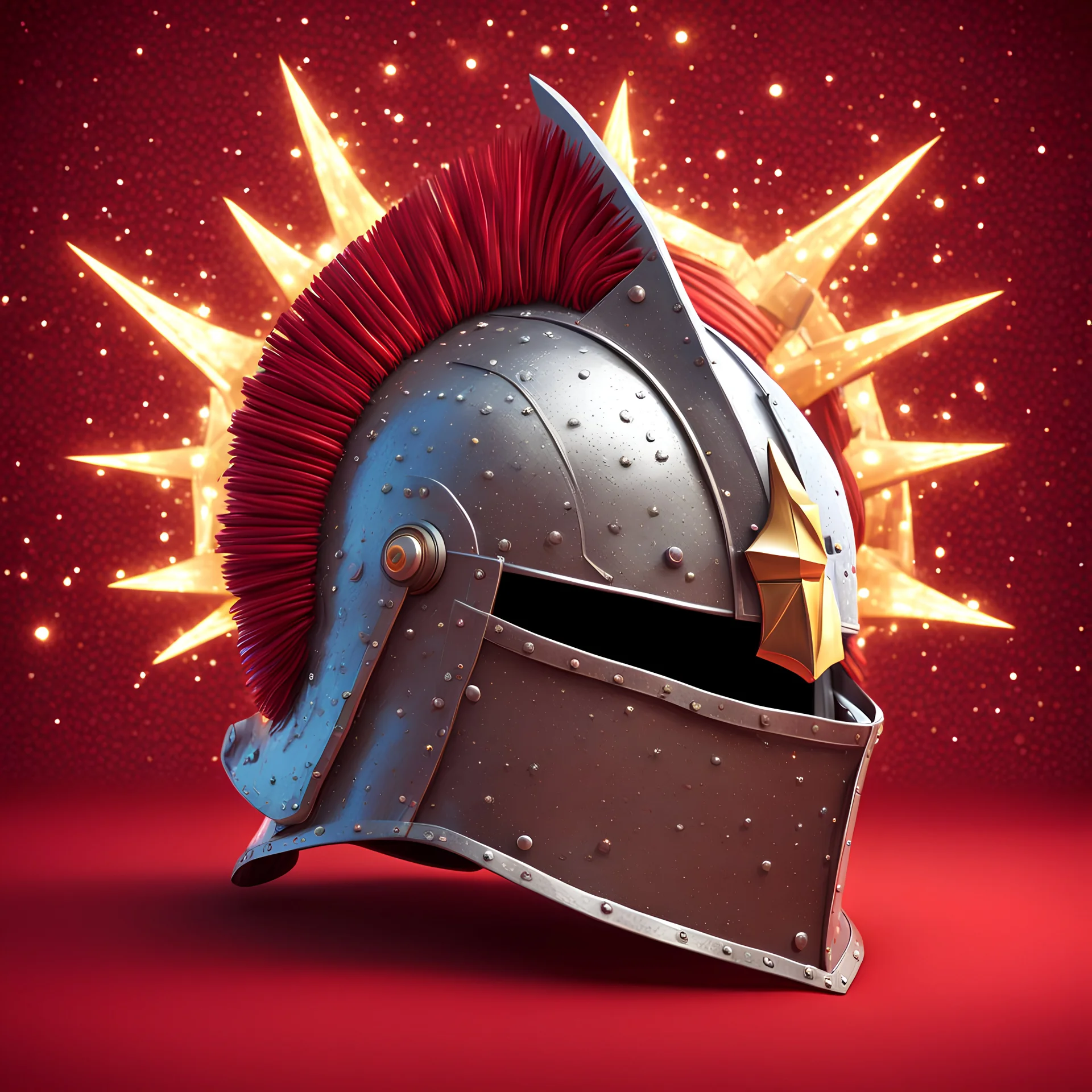 a quirky cartoon 3d vector image of a knight's helmet on a red textured background, cropped very closely. 3D vector cartoon asset, mobile game cartoon stylized, clean. Camera: side angle, 90°, 35 mm. Lighting: beams, sparkles and bloom, LED lights. cartoon style