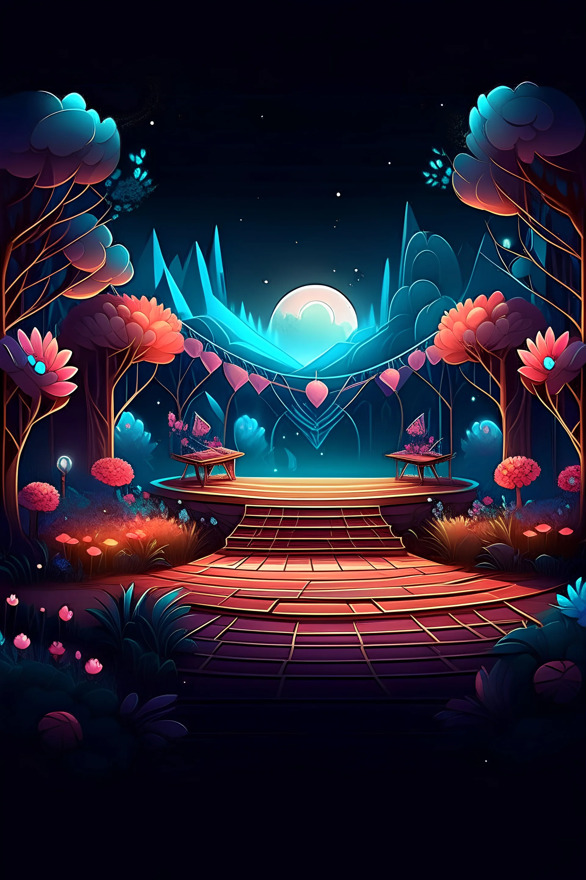 Create a mesmerizing 2D illustration of a music event stage illuminated under the enchanting evening of spring