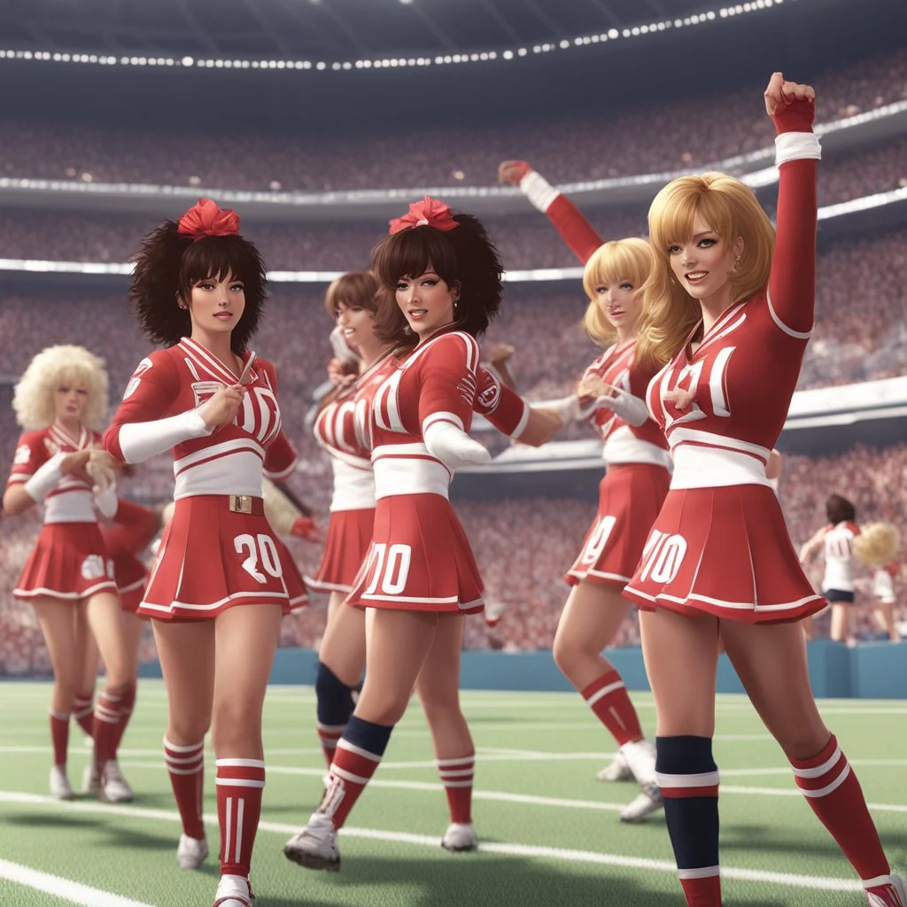 [photo realistic wii No More Heroes style with thick lines] 1970s Cheerleaders in the stadium