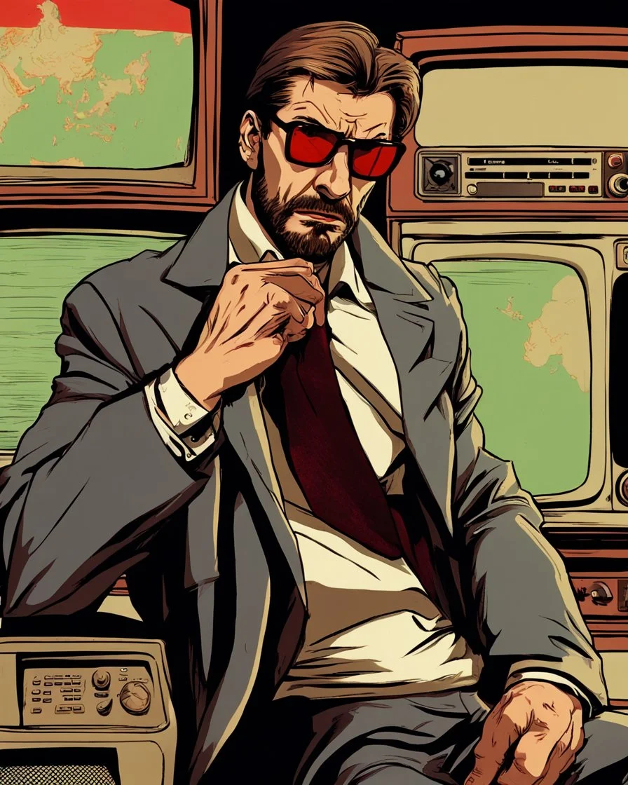 a young man with big muscles who looks like hans gruber wearing a heavy coat and red sunglasses staring with an irritated look on his face smashing a television