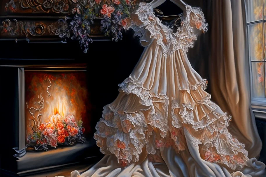 A beautiful romantic ruffled dress, decorated with beautiful embroidered flowers and lace, hanging on a hanger in a bedroom by the fireplace, in the light of the fireplace, Hyper realistic, oil on canvas award winning fantastic view ultra detailed acrylic art Ultra realistic Impressionism Surrealism simen johan, sharp focus intricate oil on canvas cinematic lighting photorealistic high detail ultra detailed crisp quality colourful, ethereal, cinematic postprocessing, bokeh, dof in sunshine