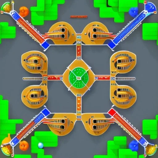 isometric map of curved racetrack, game level, attention to height and tunnels