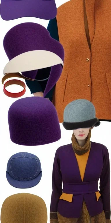 Everything she wear is in the image. she has plum-blue-magenta-camouflage mantel and simple orange felt bolero.Felt cloth visor with tippet. SMALL FELT CAP is merged to Old AKG headphones with recognizable Golden rings! cloth materials are denim and felt cloth mixed. Fashion 2023. Colors: Cream white, zinc plate, red ochre, ochre, orange - all mixed. Thick tights. Thick calves. She is in figure from top to toe.