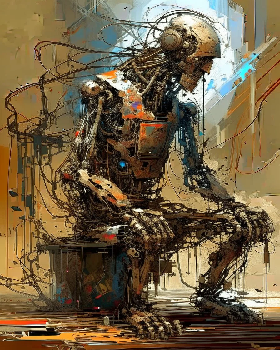 contradiction skipping a presumed egoist overload over subsystem, weak zero, absurd vibe, a # 72, Matt Jones, swoosh dynamics, unexpected improbability, tired old rusty scrappy robot sitting with a cane, amazing reflections