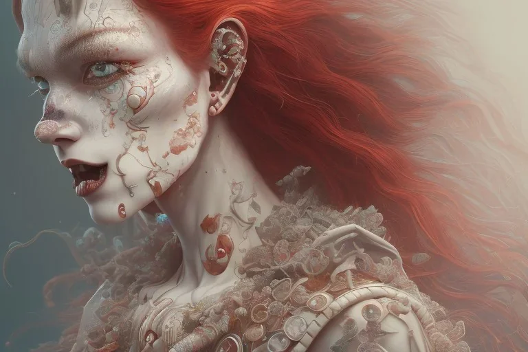 head and shoulders portrait, long red hair, face paint, jester/clown, Takato Yamamoto artist, Akiya Kageichi artist, Jedediah Berry inspired, 8k resolution concept art portrait, dynamic lighting, hyperdetailed, intricately detailed, maximalist, beautiful, peaceful