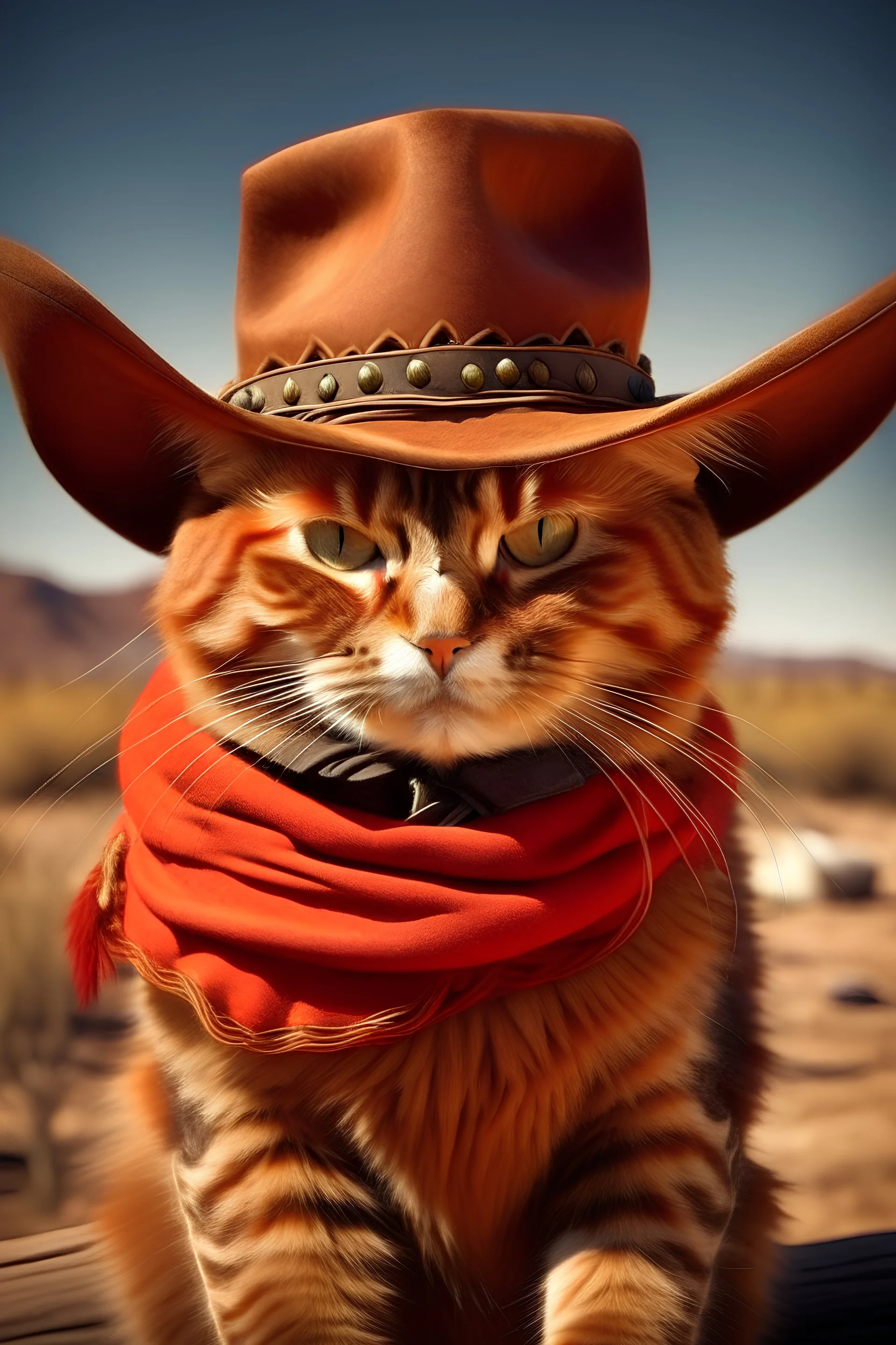 gato de colorado, vestido de cowboy, dentro de el lejano oeste. estilo caricatura, portando un arma de fuego