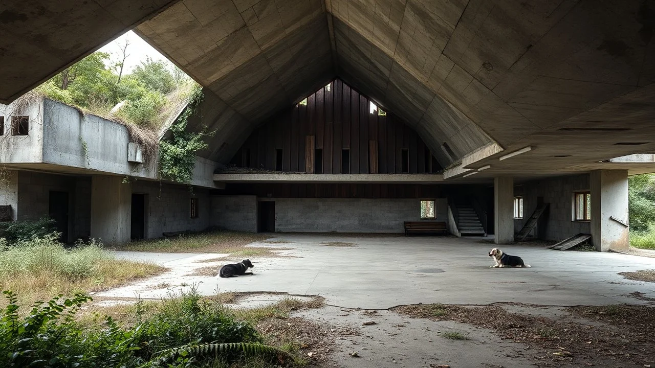A semi-abandoned community center partially covered by wild vegetation, large planes of broken concrete and damp wood forming a sculptural and asymmetrical composition, open spaces without hierarchy where dogs rest under inclined structures, total integration between ruin and peripheral urban landscape, spatial density and poetics of imperfection, visual representation inspired by Japanese wabi-sabi, brutalist photography and matter paintings by Antoni Tàpies.