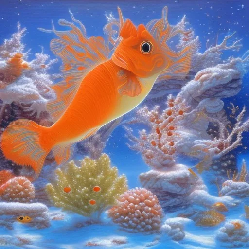  2 Orange fish and White cat friendly Celebrating christmas under the water