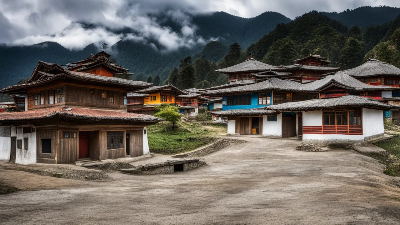 Houses in Kuruthang, Bhutan, beautiful composition, award-winning photograph, astonishing realism, wide angle lens