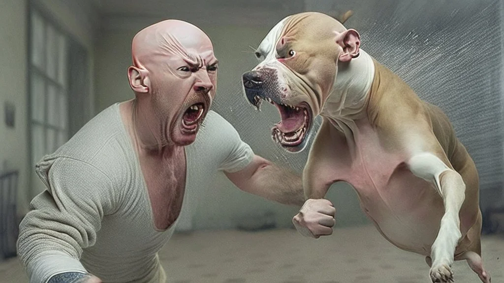 brittish bald man gets attacked by a pitbull