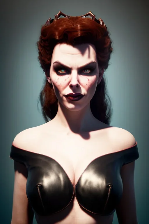 Hannah Waddingham as evil queen in black leather, busty, cleavage, voluptous, rebecca Welton, angry, stern look. character design by cory loftis, fenghua zhong, ryohei hase, ismail inceoglu and ruan jia. unreal engine 5, artistic lighting, highly detailed, photorealistic, fantasy