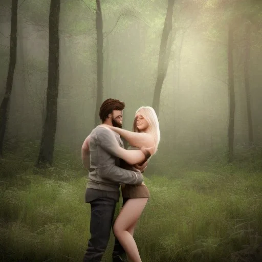 A photo realistic portrait of a stunning blonde girl and muscular dark haired man in a lovers embrace standing in a forrest