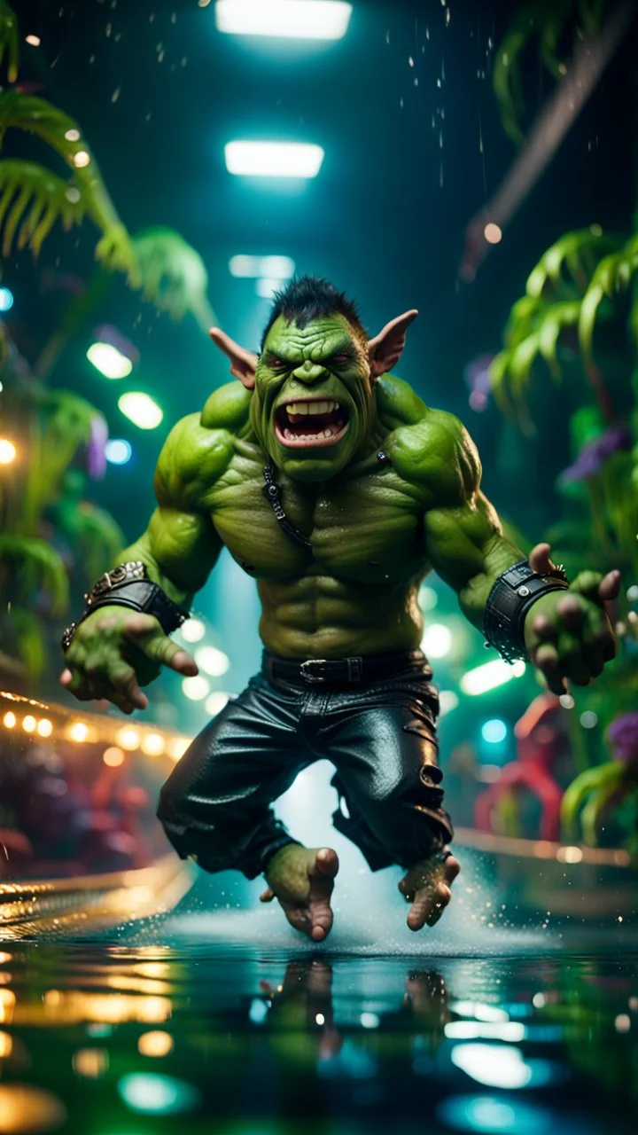 pimp rocker alien orc hulk gremlin diving in water slide in the middle of crazy dance moves dancing on buss parked in dark lit reflective wet jungle hall tunnel,bokeh like f/0.8, tilt-shift lens 8k, high detail, smooth render, down-light, unreal engine, prize winning