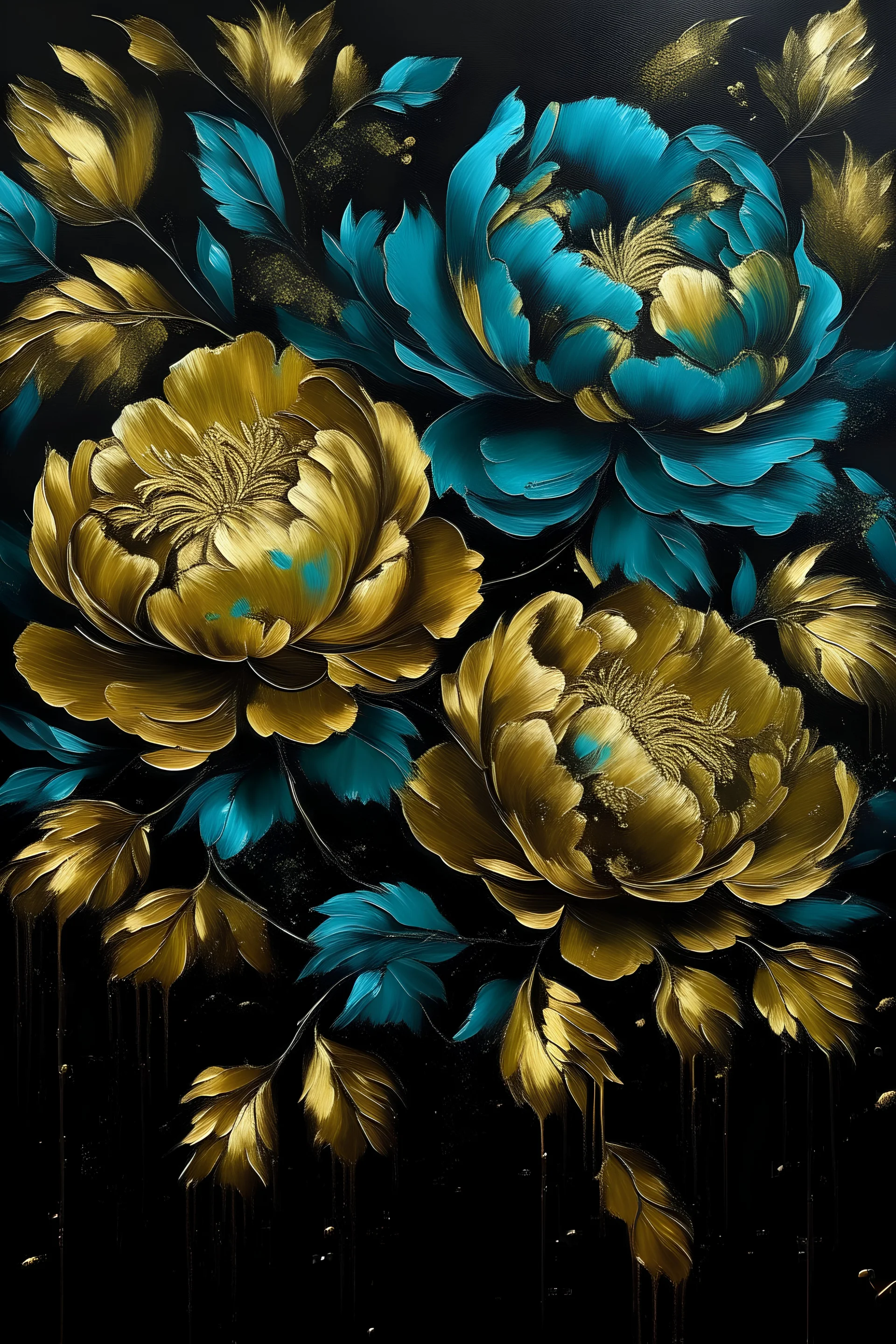 painting of turquise Peonies flowers with gold flowers in center of canvas black background