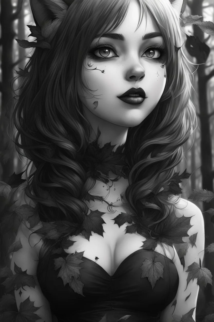 CAT GIRL, goth, forest, nature, cartoon, leaves, black and white hair, boobs, portrait