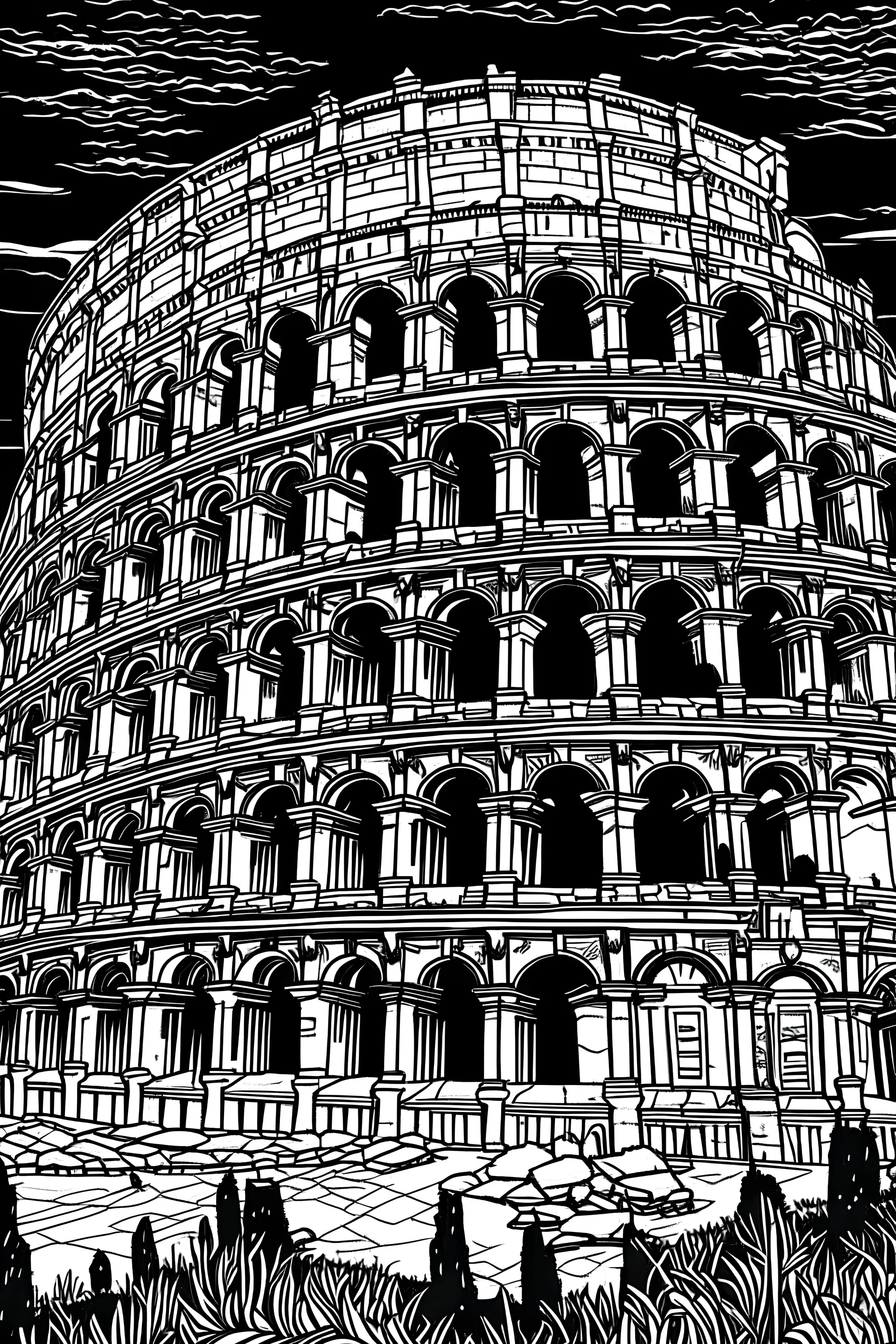 Beneath the starry night sky, the Colosseum stands as a colossal silhouette, bathed in moonlight. Within, a gladiatorial match unfolds under the soft glow, the combatants illuminated by flickering torches, their silhouettes against the ancient architecture, evoking a sense of mystique and ancient power. Coloring page book, artline, sketch, White background. coloring page book.