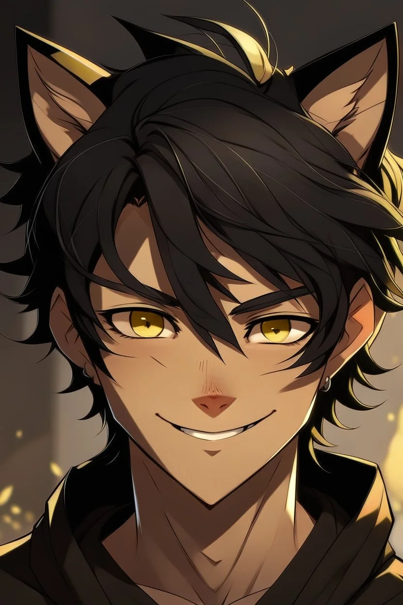 A young male with messy black hair, gold eyes, black cat ears, smirking