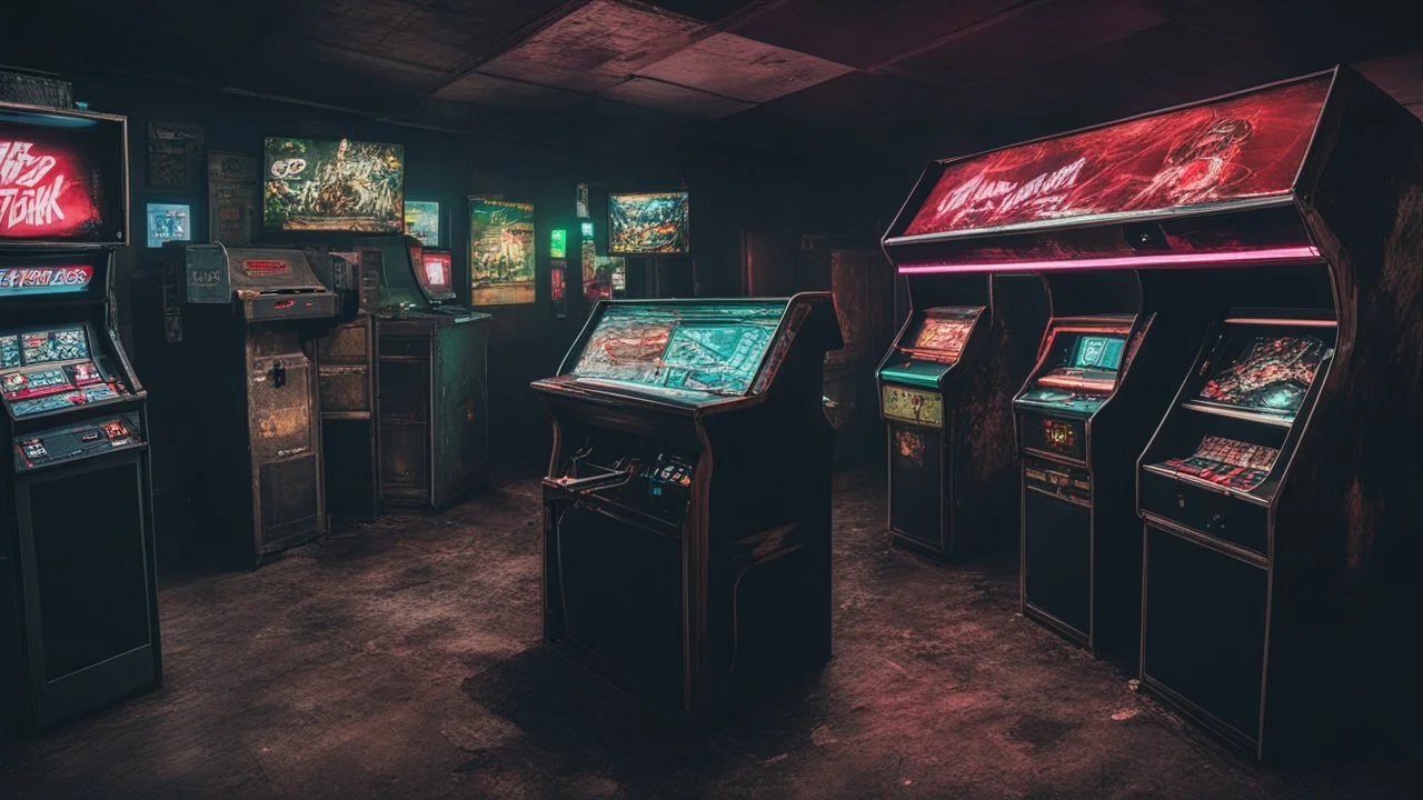 desolate dark arcade, many arcade cabinets, horror, no humans