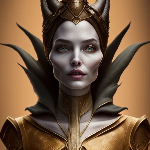 Portrait of wiched with horns " enchantress Morgan" with and mid-12th century elegant apparel.extremely detailed face,black clear Big eyes,perfectly centered image,intricate detail.Diseney Maleficent style, korra character face style.and Kilian Eng art color