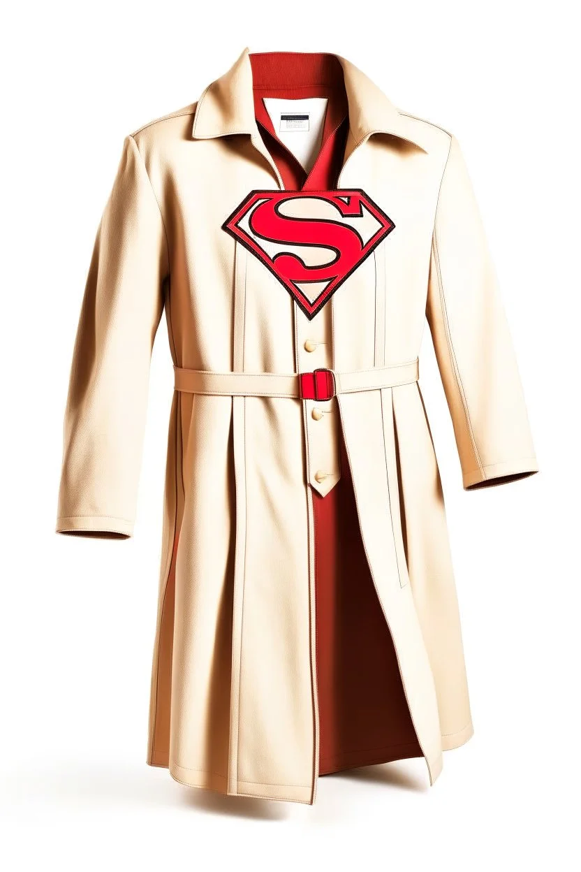 Men's Superman's Zara overcoat Winter elegant inspired by Superman's emblem design beige tones with dual color on a white background, product catalog photography, soft spot lighting, depth of field, 4k –ar 3:5 –q 2