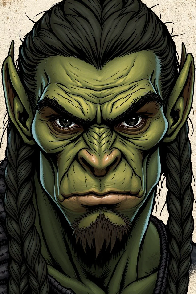highly detailed dungeons and dragons character portrait of the face of a handsome young male half Orc , tall, slender humanoid with rough, leathery skin and bright black eyes, sunken deeply in their orbits, long and angular skull with small, highly placed flat nose, and ears that are pointed. Highly detailed hair long hair in braids, rough hewn facial features, in the comic art style of Bill Sienkiewicz, Mike Mignola, Alex Pardee, and Jean-Giraud Moebius