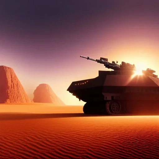 volumetric dramatic desert Battle scene with futuristic hovering military armored Hovercraft tank painted by chris foss, Laser turret, floating, 4k, 8k, Minutiae, highly detailed, rivets, hovering, stripes, sunset [duststorm, nimbus clouds]