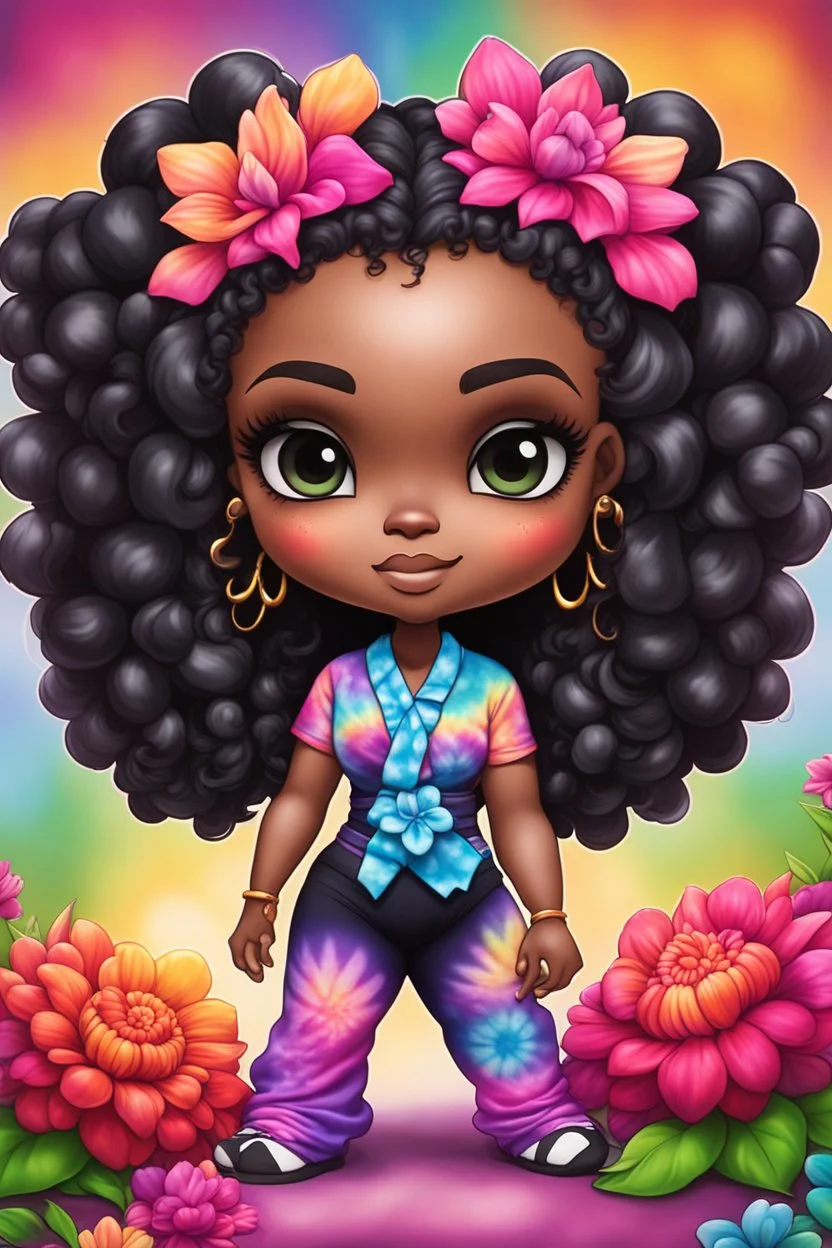 Create an airbrush image of a chibi black curvy female wearing a tie dye yoga outfit. Prominent make up with hazel eyes. Highly detail ombre Bantu knots. background of colorful large flowers 2k