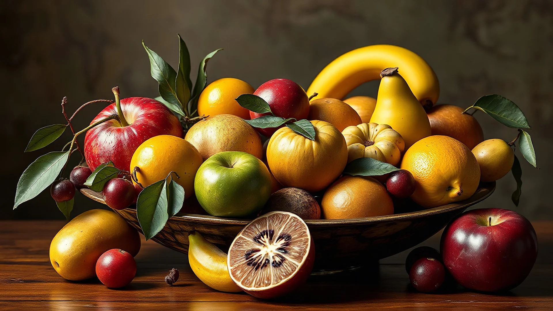 a collection of assorted fruits on a table, beautiful fruit-bowl, exquisite composition, beautiful detailed intricate insanely detailed octane render trending on artstation, 8k artistic photography, photorealistic concept art, soft natural volumetric cinematic perfect light, chiaroscuro, award-winning photograph, masterpiece, raphael, caravaggio, Alma Tadema, Bouguereau