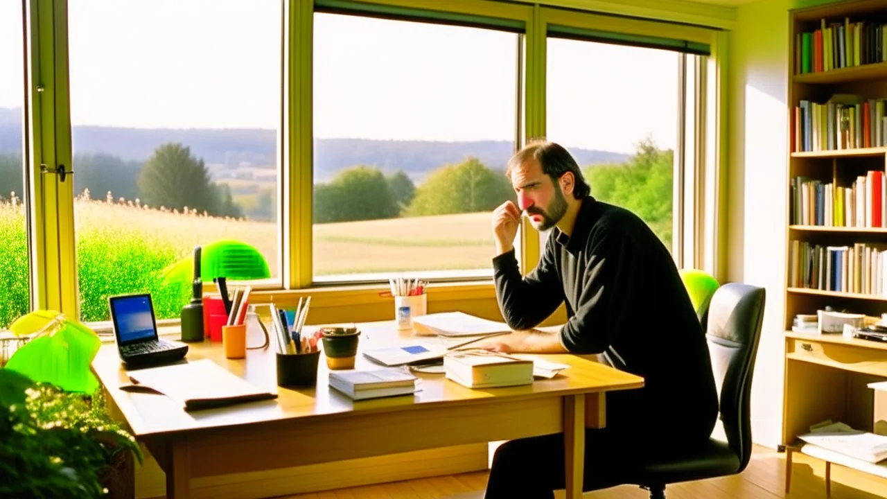 الصورة تعرض ستيف جوبز وهو جالس في مكتبه الخاص، وراءه نافذة تطل على مناظر طبيعية هادئة. يظهر جوبز وهو يرتدي ثوبًا بسيطًا ويتلقى مكالمة هاتفية بينما يعمل على جهاز كمبيوتر محمول. يتسم وجهه بتعابير التفكير العميق والابتسامة الخفيفة، مما يشير إلى تركيزه الشديد وتفكيره الابتكاري. على مكتبه، يمكن رؤية مجموعة من المخططات والنماذج المصغرة لأجهزة تكنولوجية، مما يظهر اهتمامه بالتفاصيل والتصميم المميز. كما يمكن أن نلاحظ تواجد كتب وأدوات كتابة، مما يشير إلى تطلعه المستمر للمعرفة والابتكار. الإضاءة في الصور