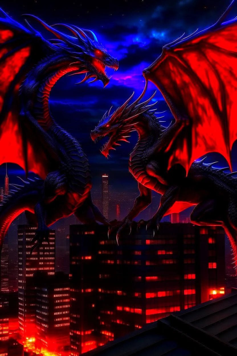 black dragon and red dragon facing each other on top of a high rise building at night