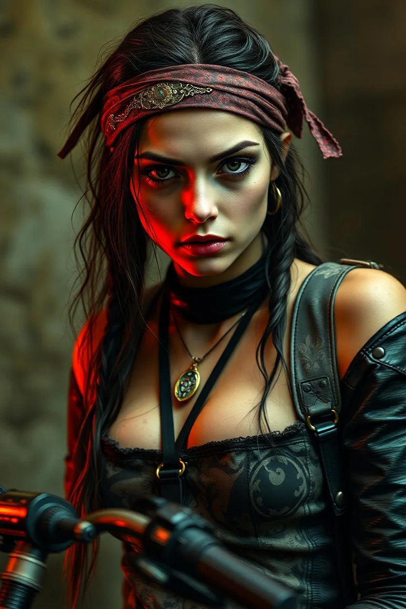 motion blur cyberpunk young biker Jennifer Connelly gypsy vampire with head band mods painted by Rembrandt and Titian and Giger
