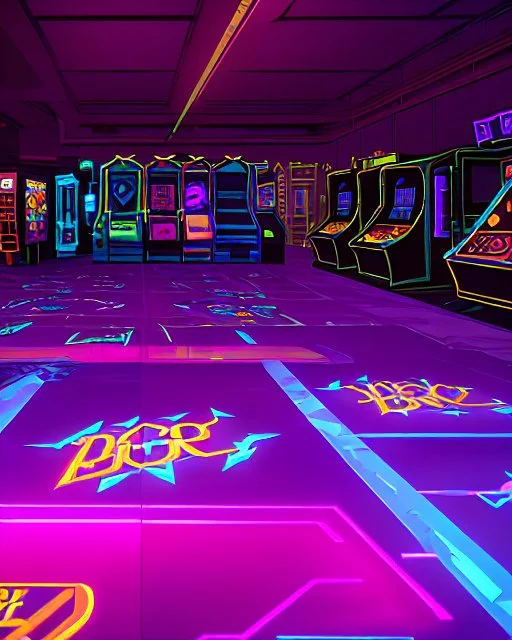 A dark photo of the corners of an 80's aesthetics arcade at night, with a lot of functioning arcade machines, a vaporwave floor and some colorful tiles in between the floor. Purple aesthetics. There are some pizza boxes over some of the arcade machines