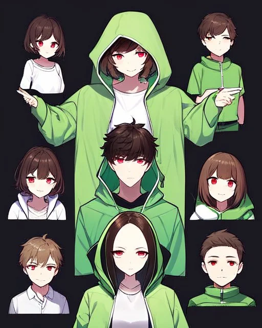 He is 16 years old, feminine in appearance but is a boy, has short dark brown hair, wears a green blouse with a zipper and hood and a white shirt underneath, has red eyes, Determined smile, dark background reminiscent of a nightmare, one character