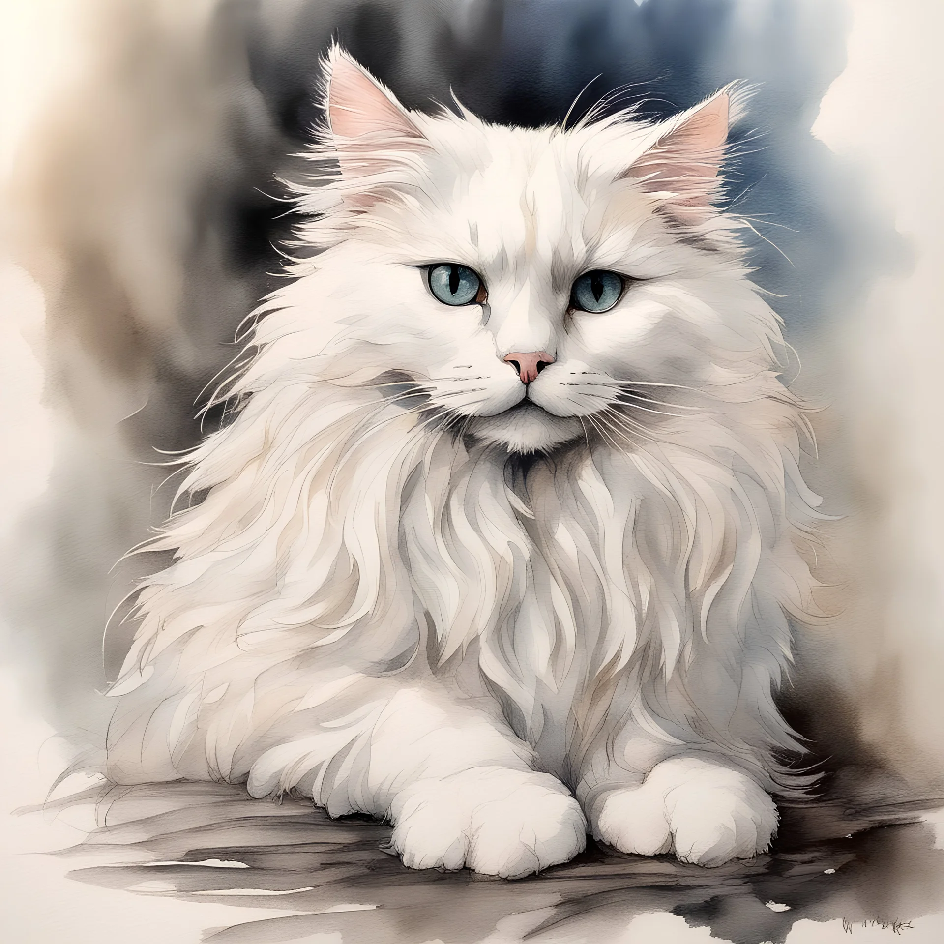 The art style of Serge Marshennikov and Art Nouveau, alcohol ink style, mixed media, beautiful white shaggy cat, long shaggy fur, big multilayer eyes, cute pencil sketch focused Pencil and ink Pen and ink wash watercolour style Water colour and pen