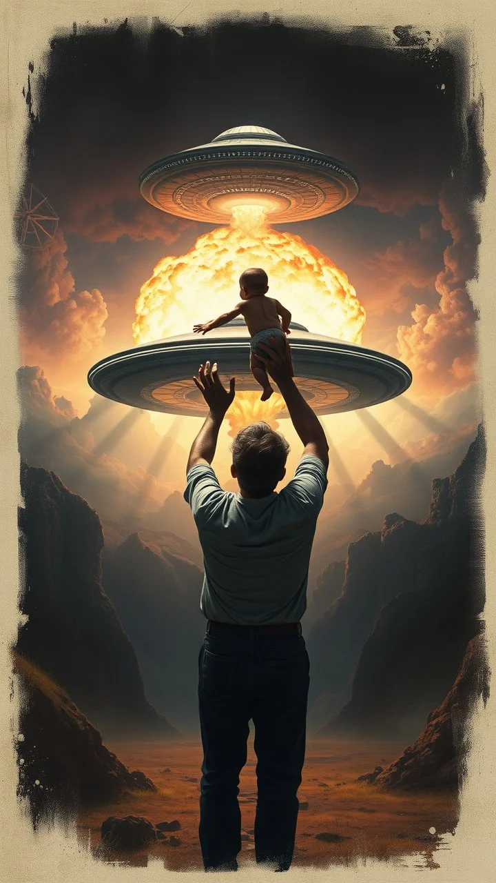Bosch painting style nightmare, a man holding a baby up toward a ufo spaceship, in the background a nuclear explosion in the rear view , dramatic sad scene, fantasy, scary.