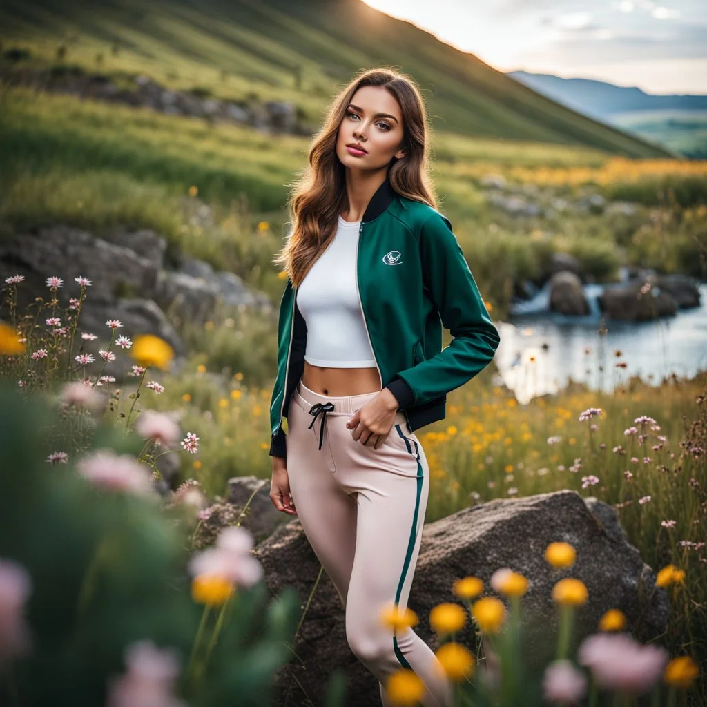 portrate close up shot of young-beautiful-girl-with-a-perfect-face-with-make-up-wearing- sport pants and jacket standing ,geen hills ,nice nature environment ,wild flowers,clean water river with colorfull rocks in floor