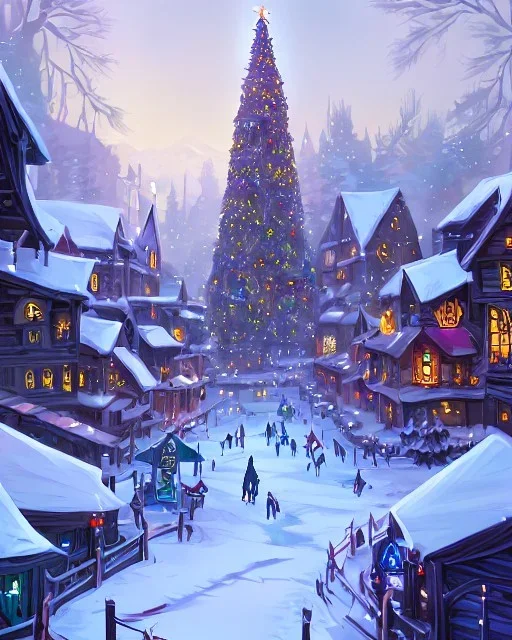 A magical snowy warlock Christmas market with a large Christmas tree