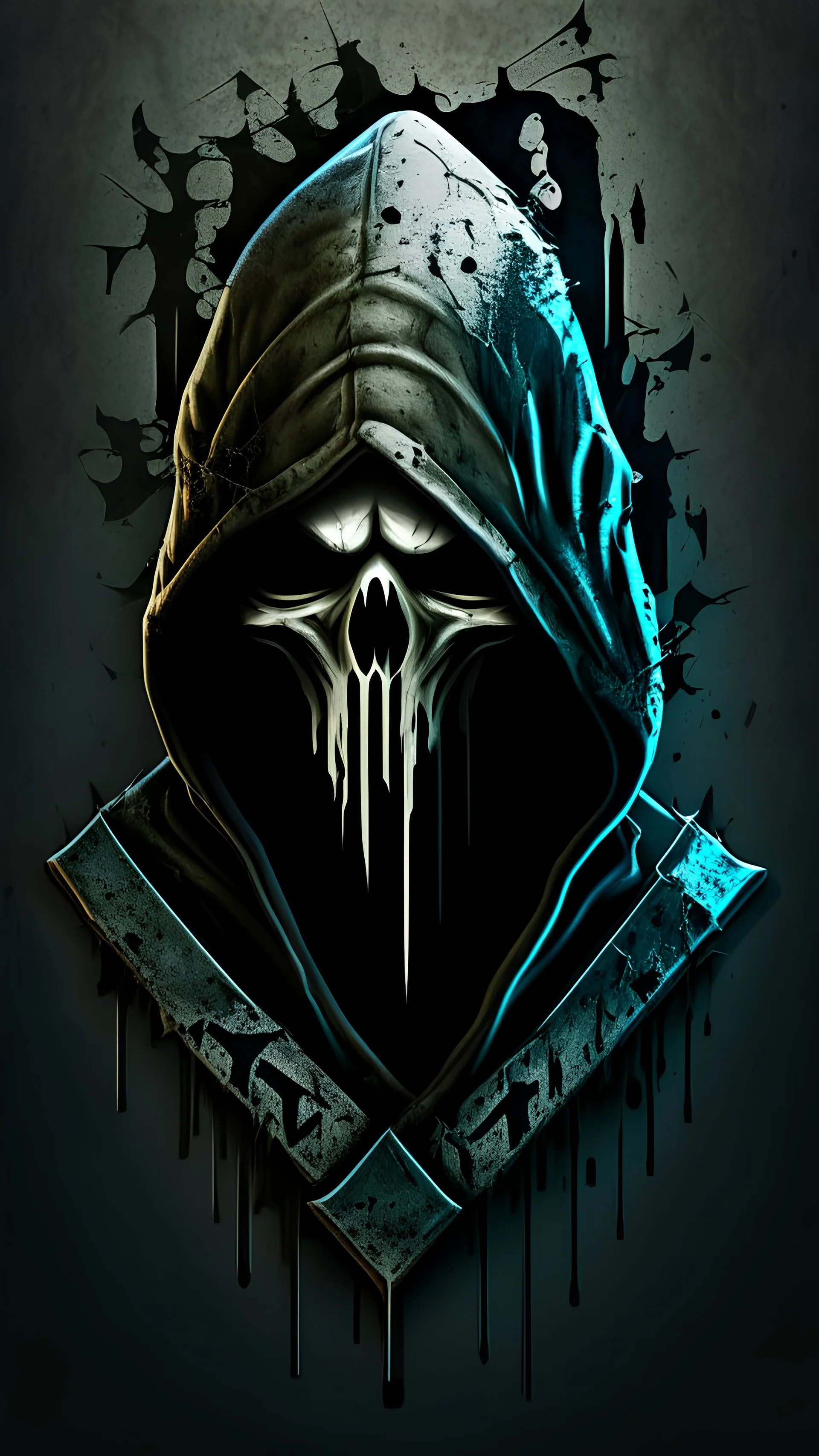 3D emblem, the Grim in the hood, color grunge character, simple background, photorealistic.