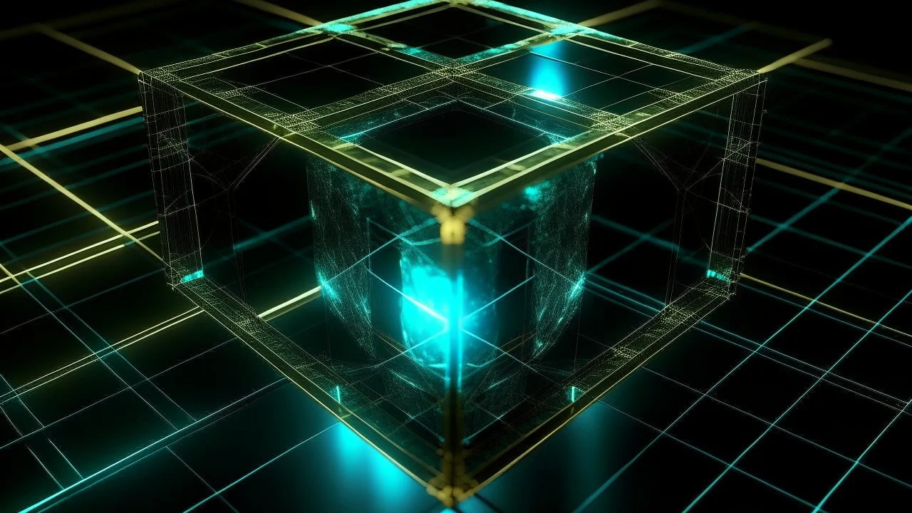 Square tesseract from movie Loki, located strictly in the middle of picture with space around it and with glow in tesseract, but without glow below it, without background or table.