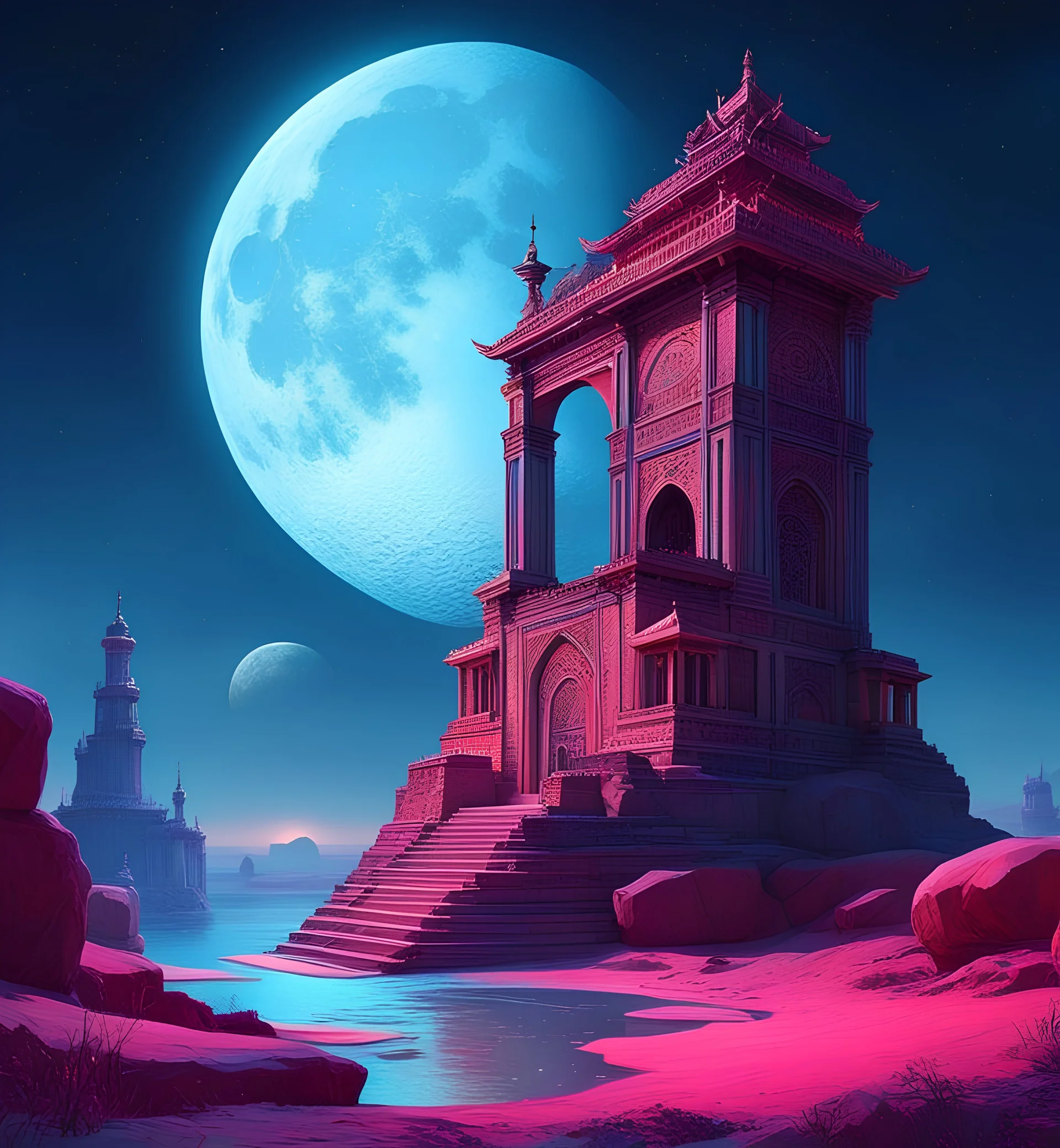 the moon lit up the night sky in this art, in the style of fantastical ruins, luminous 3d objects, alexandr averin, orient-inspired, dark pink and azure, cute cartoonish designs, mystic symbolism