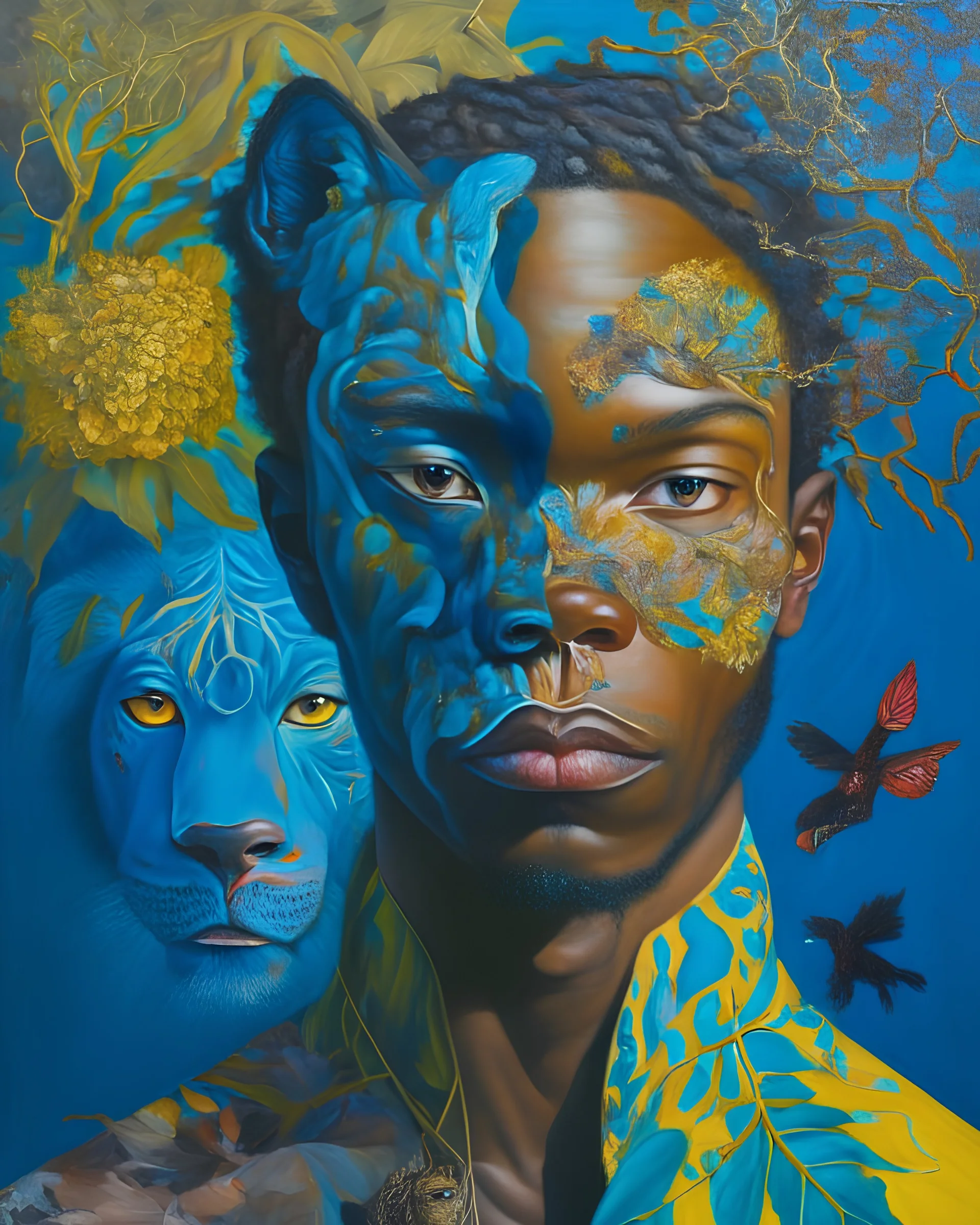 An intriguing portrait of a person whose face is half-human, half-animal, representing their connection to the natural world, in the style of modern mythology, bold colors, textured brushstrokes, and a blend of realism and fantasy, influenced by the works of James Jean and Kehinde Wiley, examining the duality of human nature and our relationship with the environment.